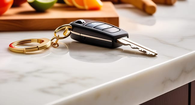 Car keys lying on a counter top modern kitchen, white marble.