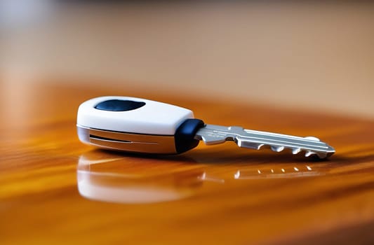 The car keys are on the brown table, close-up, shallow depth of field.