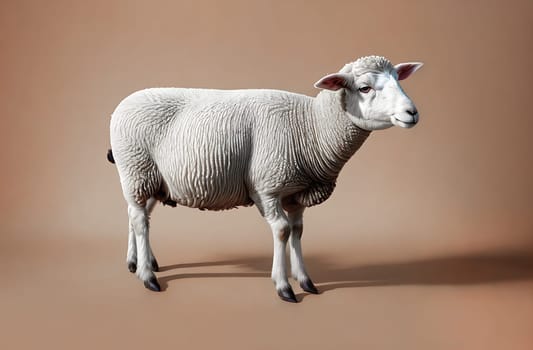 A white sheep, highlighted on a beige background, stands sideways.