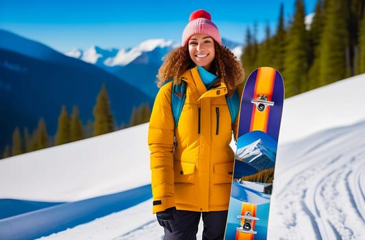 An attractive young skier with curly hair and a happy smile poses with a snowboard in her hands against the background of mountains on a sunny frosty day at a ski resort.