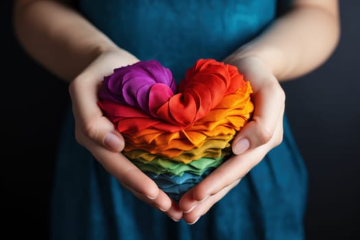 Hands hold heart in the colors of rainbow on light blue background. LGBT concept. Generative AI.