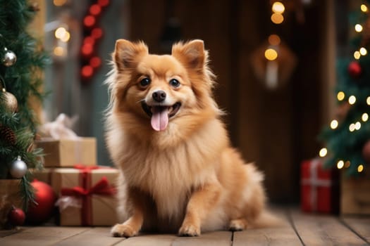 Christmas themed A friendly dog sitting next to a house. Generative AI.