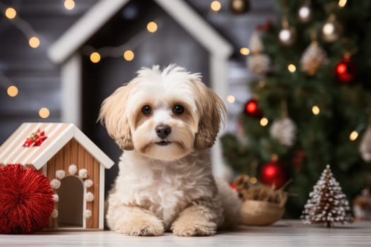 Christmas themed A friendly dog sitting next to a house. Generative AI.