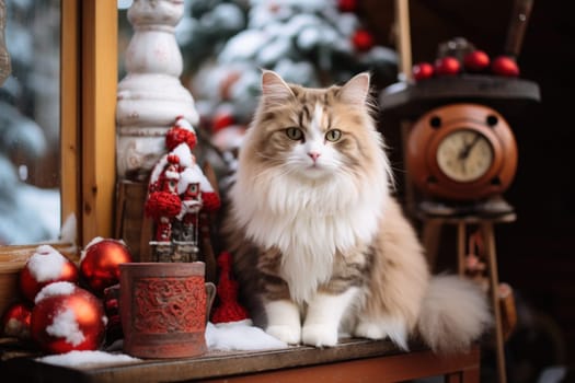 Christmas themed A friendly cat sitting next to a house. Generative AI.