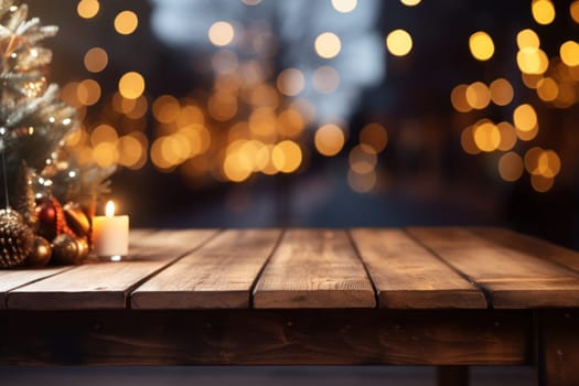 Empty wooden table with Christmas theme in background. Generative AI.