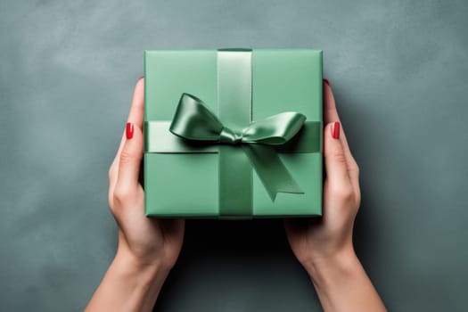 Hands holding dark green gift box and red ribbon top view, Christmas concept. Generative AI.