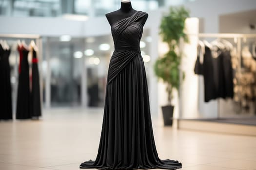 Elegant evening black long women's dress on a mannequin in a fashion studio.