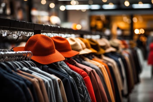 Clothes hang on a rack in a clothing store. Generative AI.
