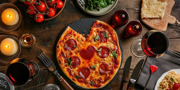 Heart shaped pizza for Valentines day on dark rustic wooden background pragma