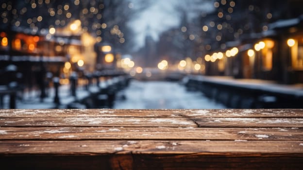 Wooden table covered with snow Empty space with an illuminated Christmas town square. Generative AI.