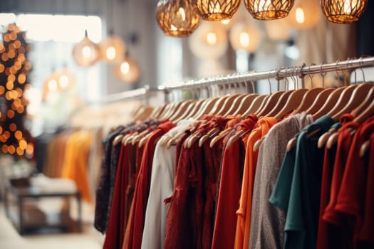 Clothes hang on a rack in a clothing store. Generative AI.
