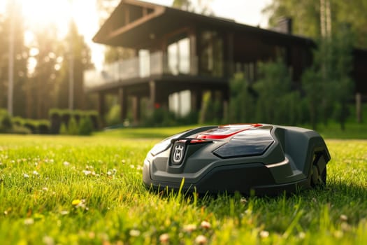 Automatic futuristic robotic lawn mower on a green lawn with modern house in background in sunny summer day