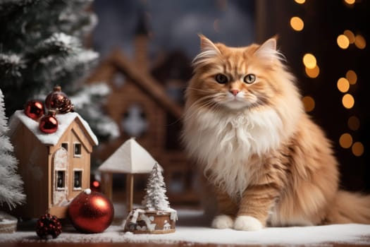 Christmas themed A friendly cat sitting next to a house. Generative AI.