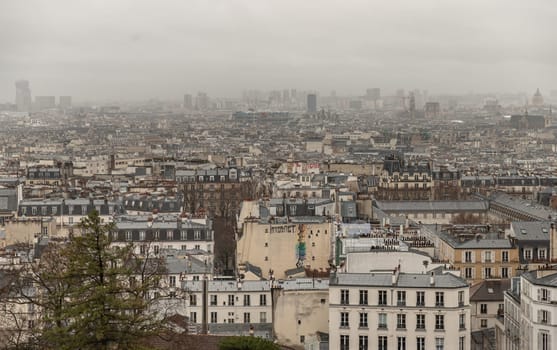 France, Paris - Jan 02, 2024 - Paris city view and rooftops of house From The Top Of Montmartre. Paris Buildings. Space for text, Selective focus.
