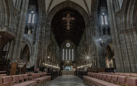 Edinburgh, Scotland - Jan 16, 2024 - Interior view of St Mary's Episcopal Cathedral or the Cathedral Church of Saint Mary the Virgin. is a cathedral of the Scottish Episcopal Church in Edinburgh, Space for text, Selective focus.