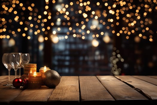 Empty wooden table with Christmas theme in background. Generative AI.