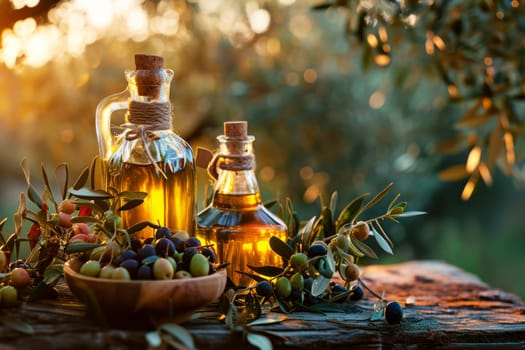 Golden olive oil bottles with olives leaves and fruits on rural olive field background morning sunshine