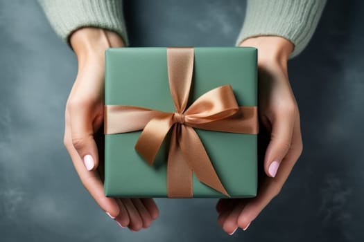 Hands holding dark green gift box and red ribbon top view, Christmas concept. Generative AI.