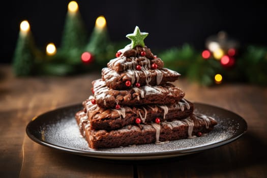 Christmas Tree Chocolate Brownies. Generative AI.