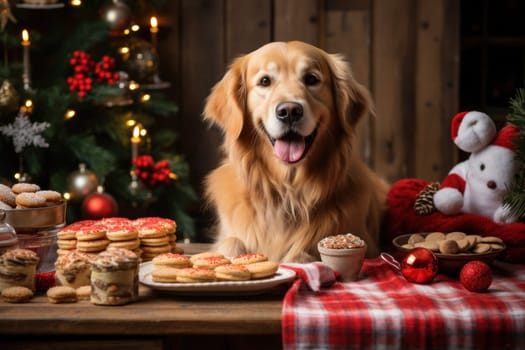 Christmas themed A friendly dog sitting next to a house. Generative AI.