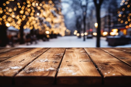 Wooden table covered with snow Empty space with an illuminated Christmas town square. Generative AI.