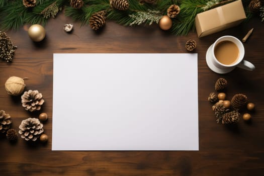 Christmas vibe, a mockup image of desk with female hand holding a pencil. Generative AI.