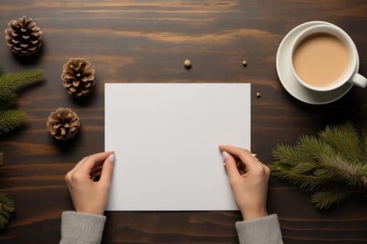 Christmas vibe, a mockup image of desk with female hand holding a pencil. Generative AI.