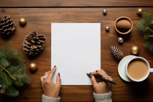 Christmas vibe, a mockup image of desk with female hand holding a pencil. Generative AI.