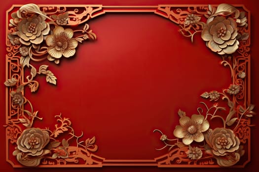 Red background with a frame of gilded flowers. Chinese traditions.