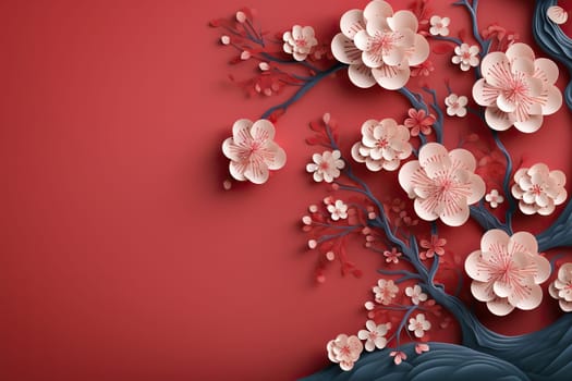 Blank sheet for congratulations with a sakura branch on red background. Generated by artificial intelligence