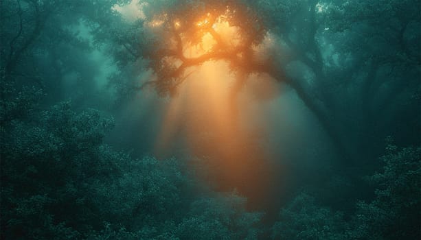 Fantasy forest. Fairy tale magical morning forest with sunlight beams. Magical particles swirl among the fantastically enchanted trees. Mystical woods. sparkling lights