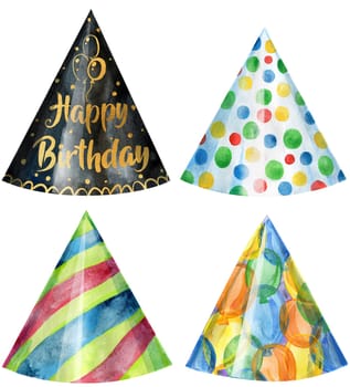 Set of party hat on white background. Card design. Watercolor hand drawing