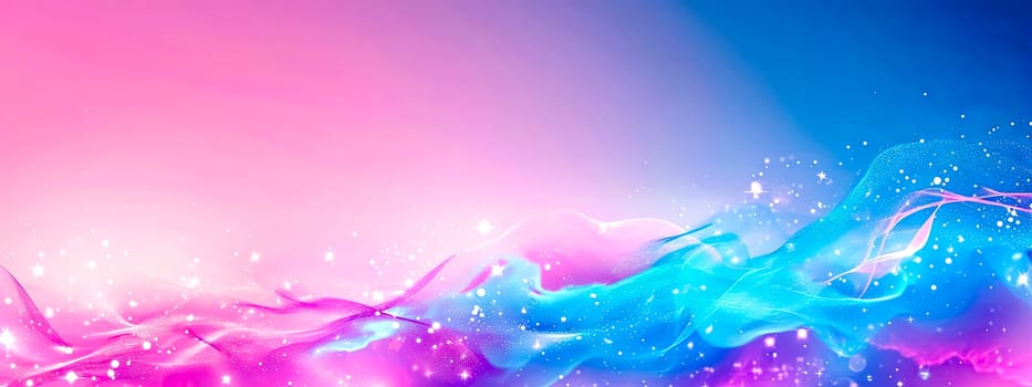 A mesmerizing abstract background where waves of pink and blue hues blend together, dotted with sparkling stars and glowing light particles, creating a dreamy, ethereal atmosphere