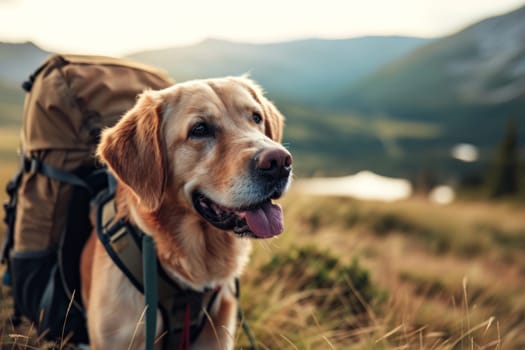 Dog hiker with backpack in adventures on background beautiful nature landscape