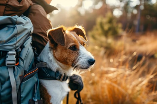 Dog hiker with backpack in adventures on background beautiful nature landscape