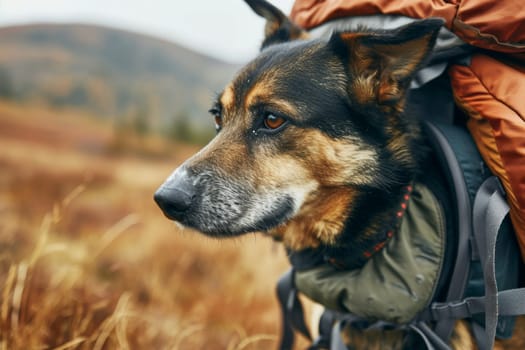 Dog hiker with backpack in adventures on background beautiful nature landscape