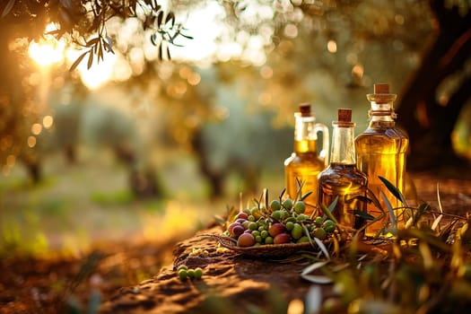 Golden olive oil bottles with olives leaves and fruits on rural olive field background morning sunshine