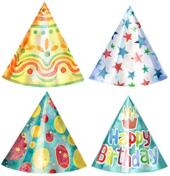 Set of party hat on white background. Card design. Watercolor hand drawing