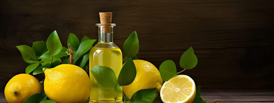 Lemon essential oil in a bottle on a wooden background. Medical selective focus. Generative AI,
