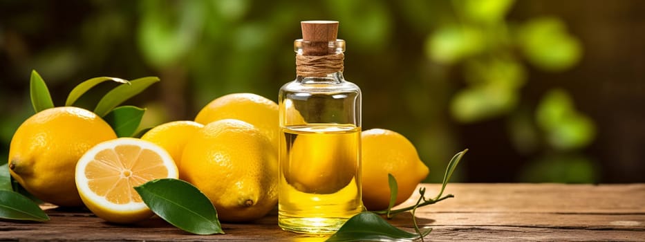 Lemon essential oil in a bottle on a wooden background. Medical selective focus. Generative AI,