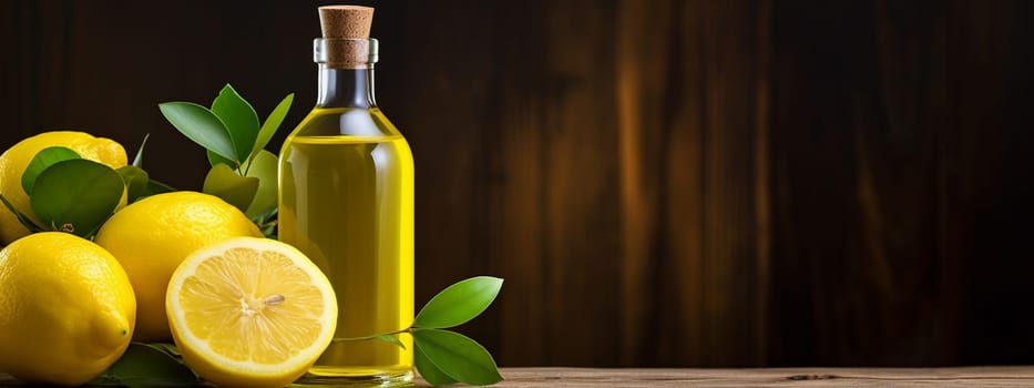 Lemon essential oil in a bottle on a wooden background. Medical selective focus. Generative AI,