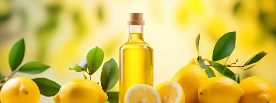 Lemon essential oil in a bottle on a wooden background. Medical selective focus. Generative AI,