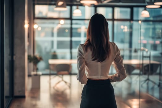 Rear view of young businesswoman in skirt at the modern office in background