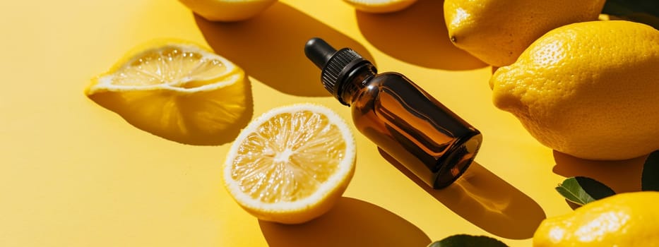 Lemon essential oil in a bottle on a yellow background. Medical selective focus. Generative AI,