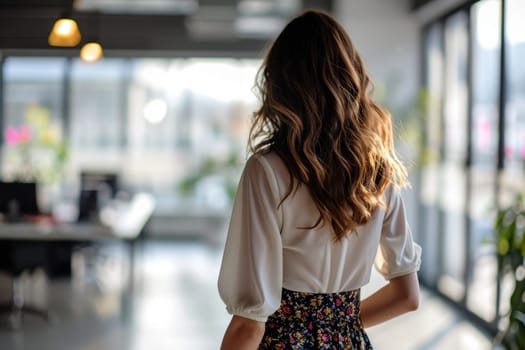 Rear view of young businesswoman in skirt at the modern office in background