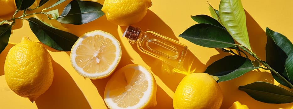 Lemon essential oil in a bottle on a yellow background. Medical selective focus. Generative AI,