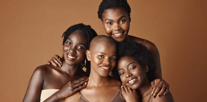 Skincare, beauty and face of black women in studio with glowing, natural and facial routine. Smile, cosmetic and portrait of African female friends with dermatology face treatment by brown background.