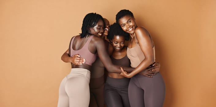 Hug, face or African models with skincare, glowing skin or results isolated on brown background. Facial dermatology, friends or natural beauty cosmetics in studio with black women or happy people.