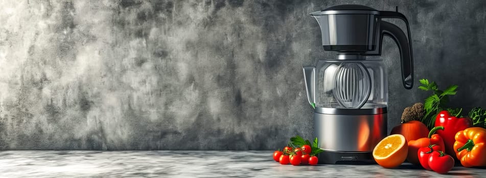 A modern kitchen scene showcasing a sleek blender next to an assortment of fresh vegetables and fruit on a marble countertop, with a textured dark gray wall in the background, copy space