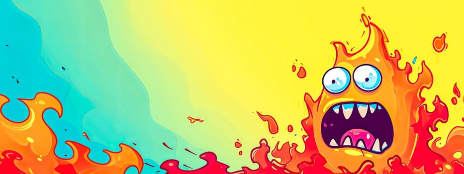 An animated, vibrant splash of liquid in bright orange and yellow hues with a cartoonish, expressive character emerging from it, set against a cool, aqua-colored background, copy space